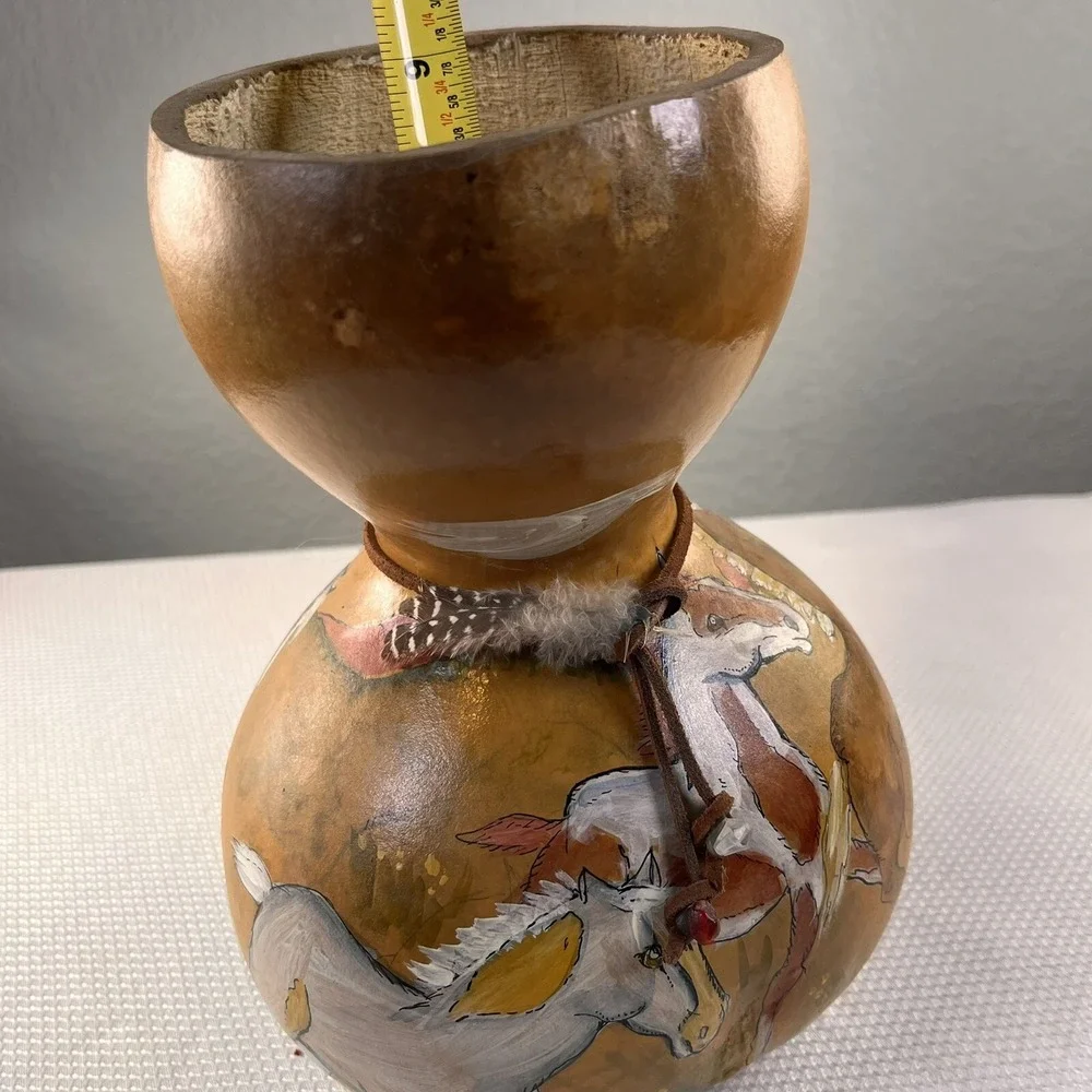 Hand Painted Horse Heads Gourd Art Pot Vase, Signed 10